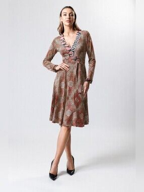 Issa Brown Geometric Long Sleeve Silk Jersey Dress S